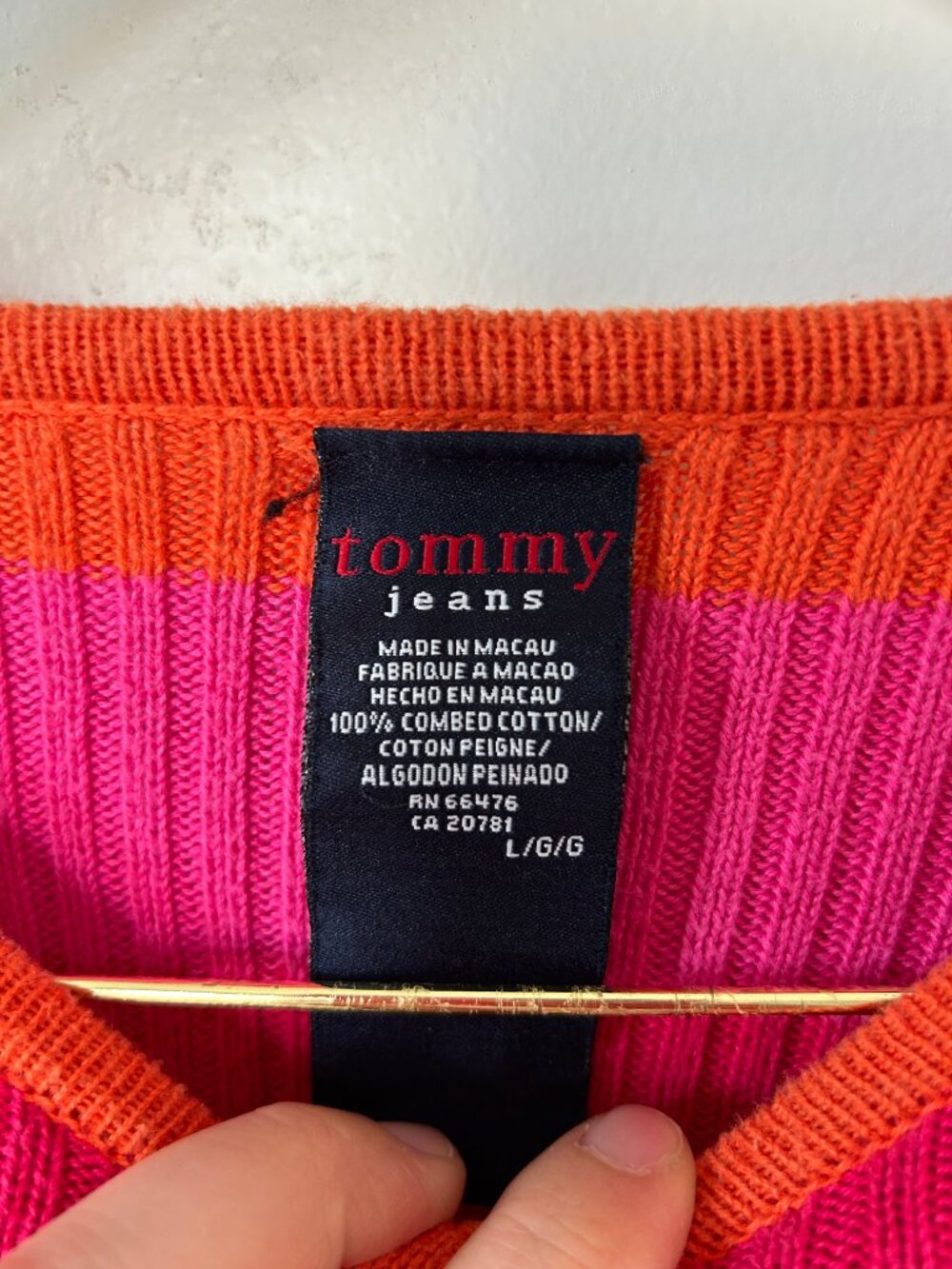Vintage Tommy Jeans Ribbed Striped Sweater Pink Orange Y2K 100% Cotton Women's L - Picture 2 of 4